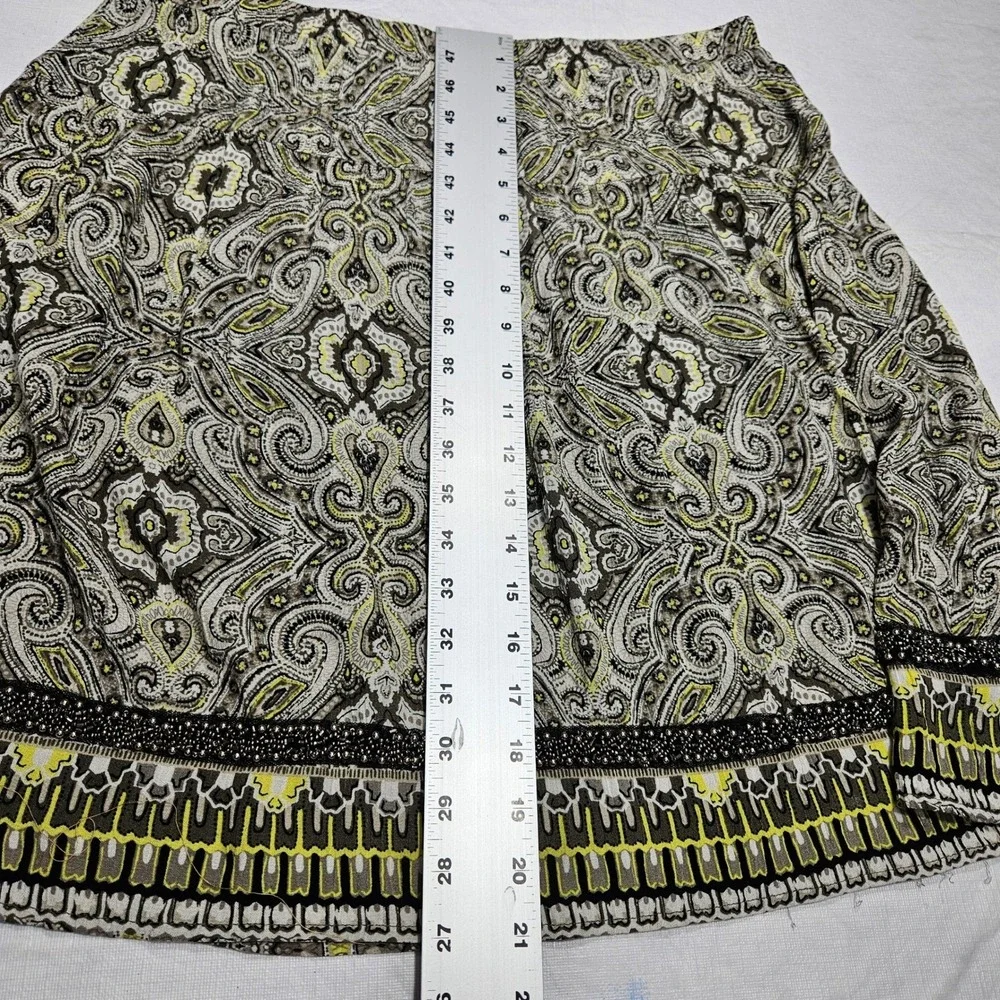 Dress Barn Women L Paisley Medallion Beaded Trim A-Line Skirt‎ Olive Yellow Boho